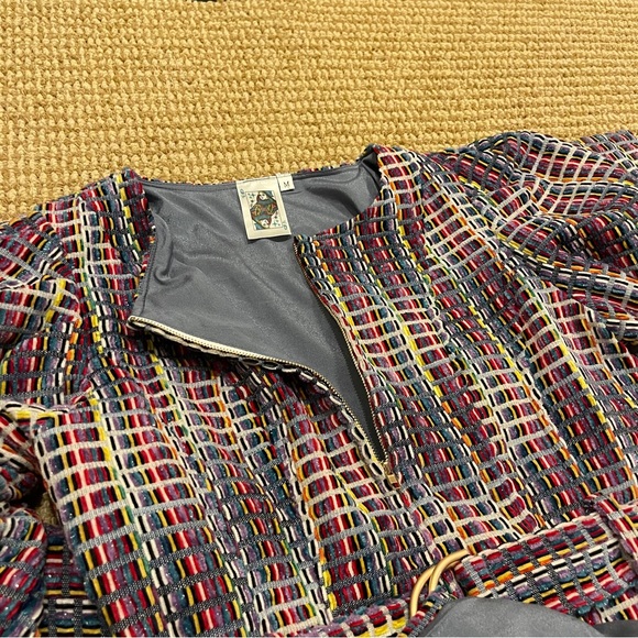 Queen of Sparkles Denim Tweed Plaid Long Sleeve Poof Sleeve Dress Medium - Picture 9 of 13